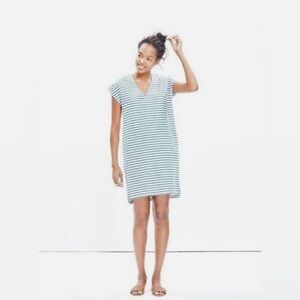 Madewell Vacances Striped Green White V-Neck Short Sleeve Dress